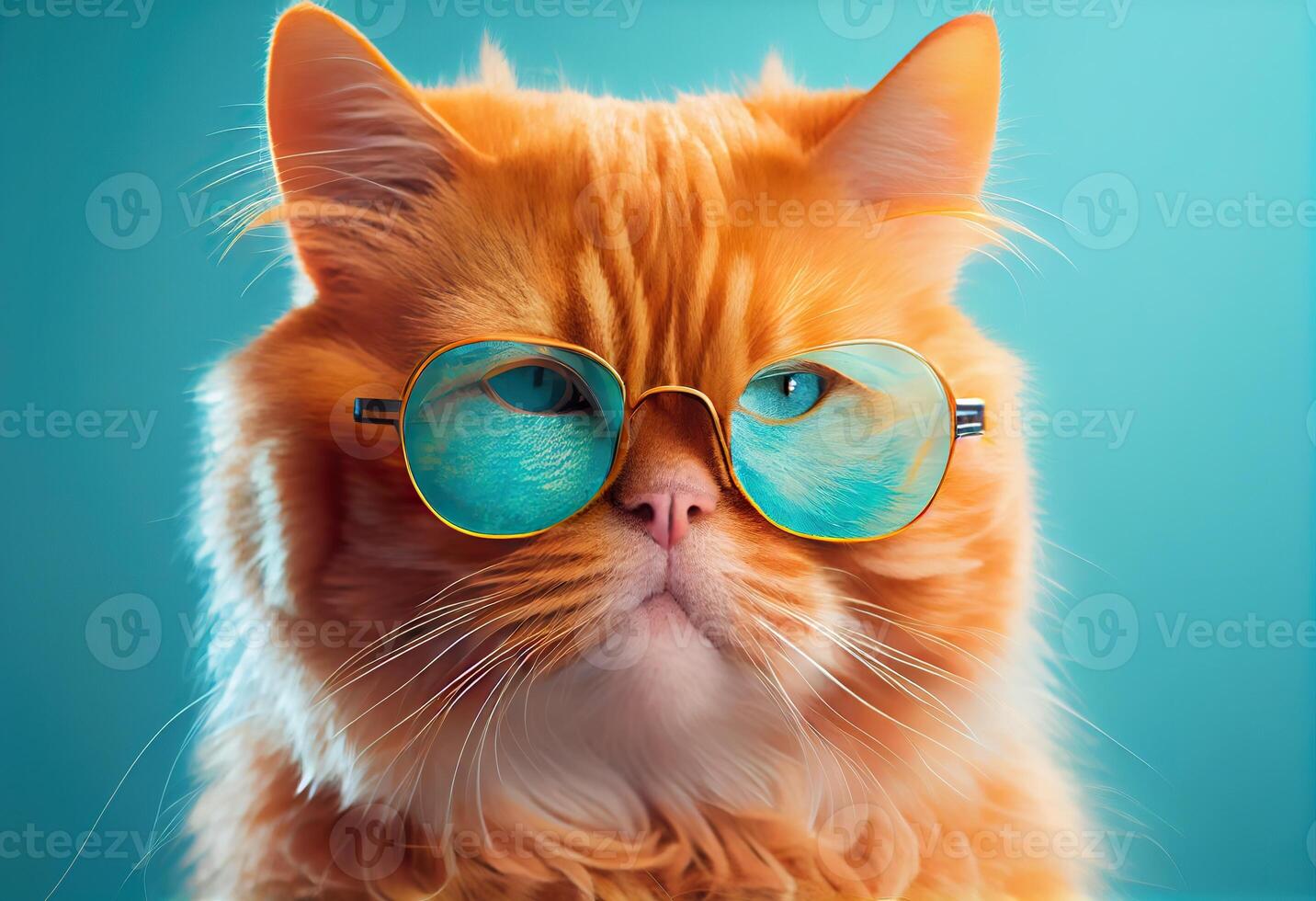 illustration of closeup portrait of funny cat wearing sunglasses isolated on pastel background. surreal fantasy, copyspace photo