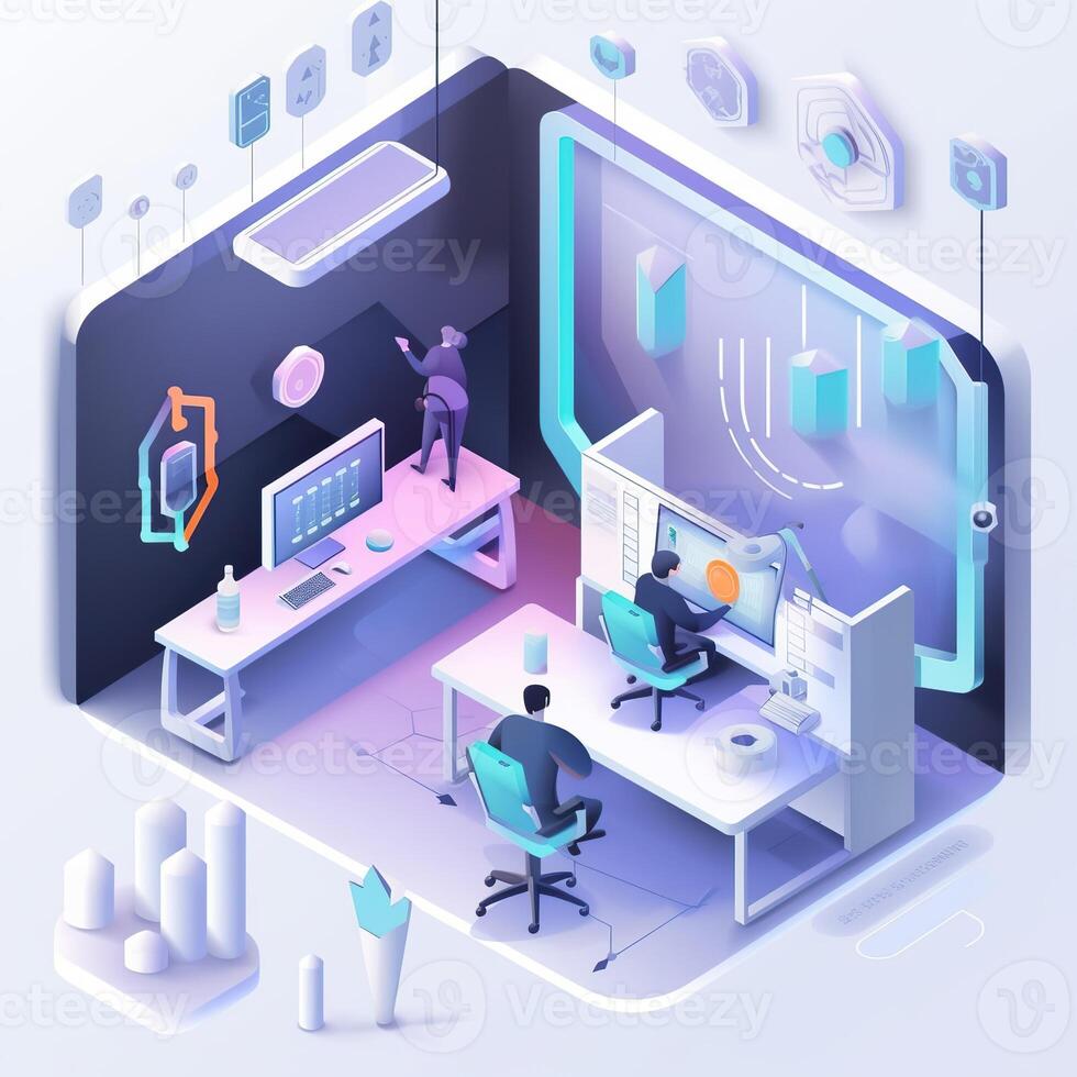 illustration of 3D isometric illustration of our futuristic web agency office, showcasing the high tech and modern design of our workplace photo