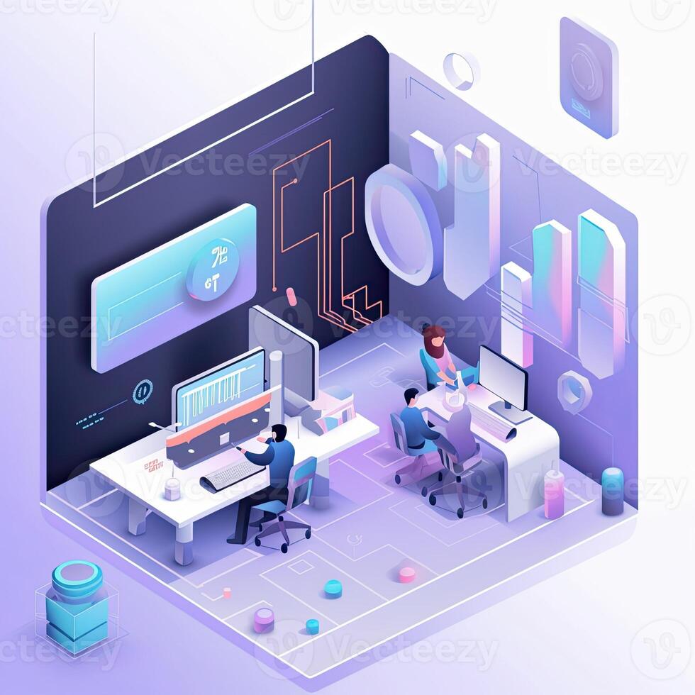 illustration of 3D isometric illustration of our futuristic web agency office, showcasing the high tech and modern design of our workplace photo