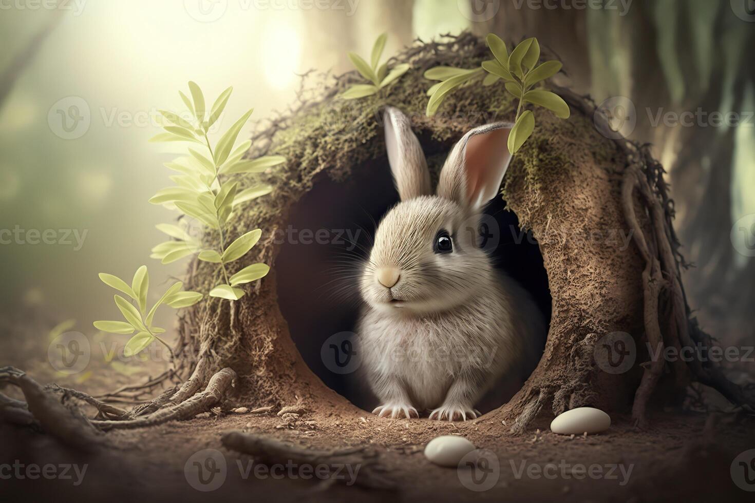 illustration of cute baby rabbit as easter bunny sitting in easter egg as easter under tree, background wallpaper design photo