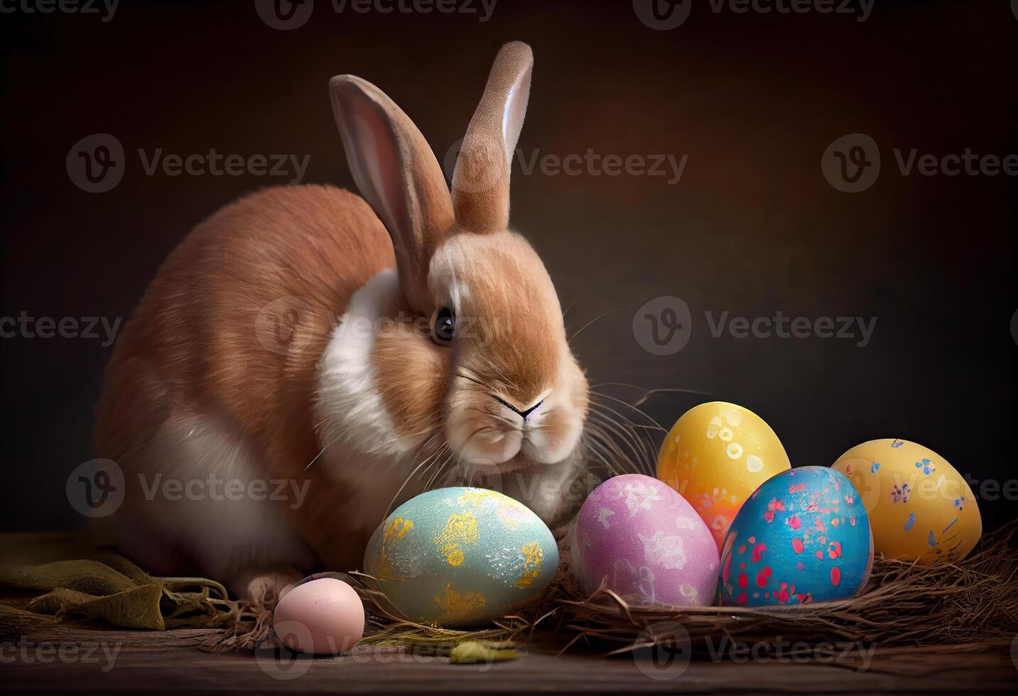 illustration of cute baby rabbit as easter bunny sitting in easter egg as easter under tree, background wallpaper design photo