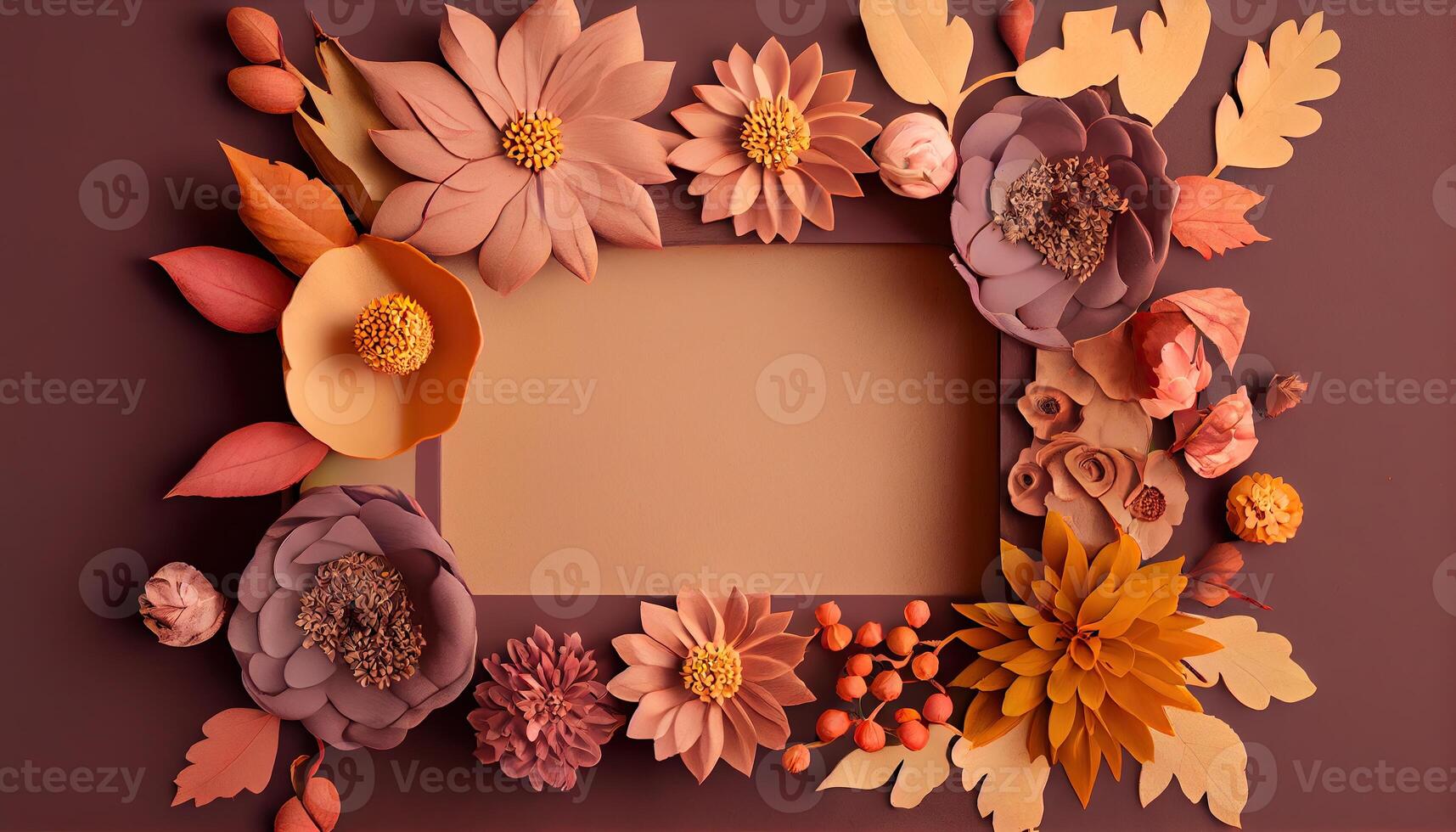 illustration of fall flower frame on pastel brown background copy space flat lay mock up photo