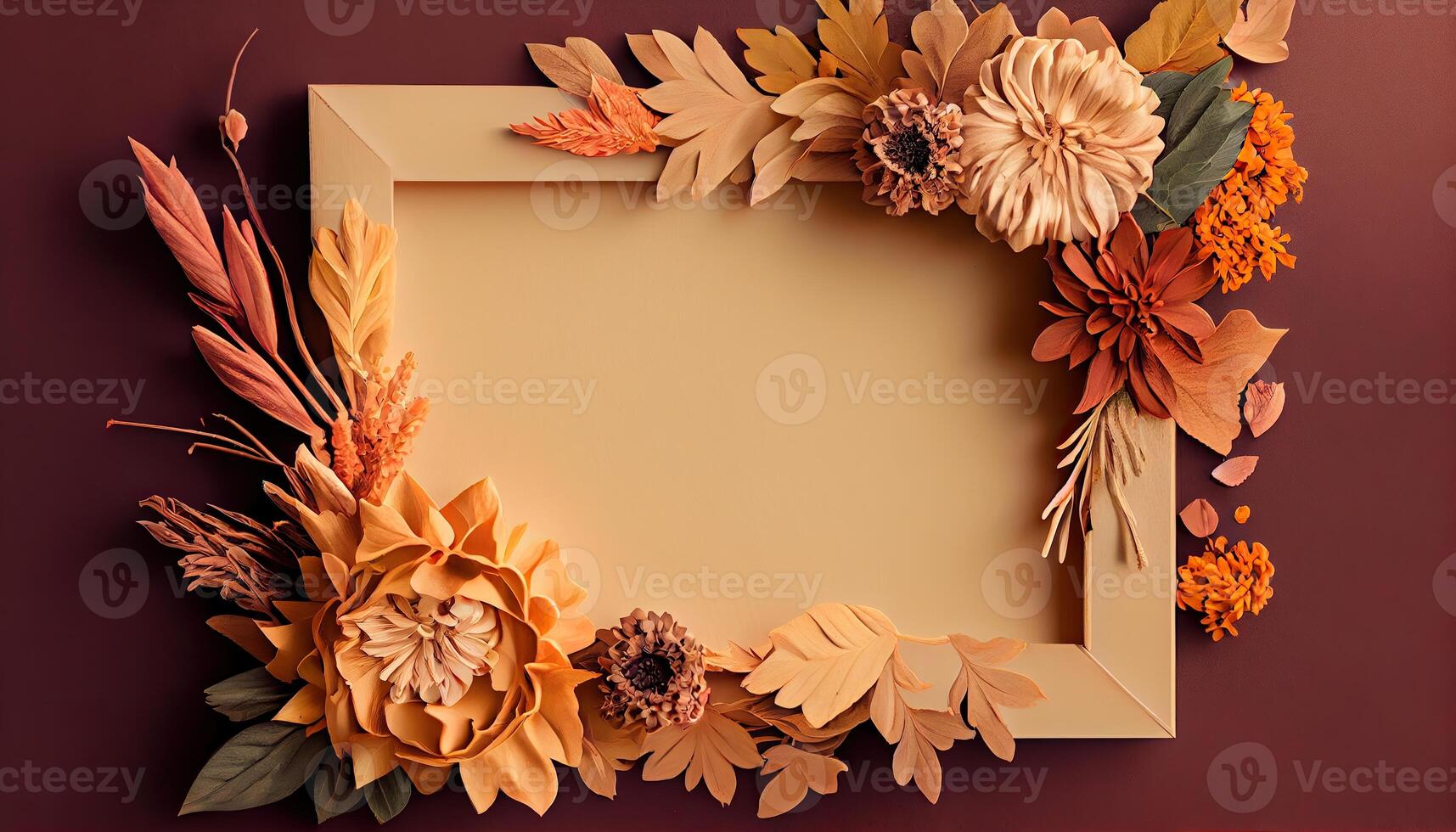 illustration of fall flower frame on pastel brown background copy space flat lay mock up photo