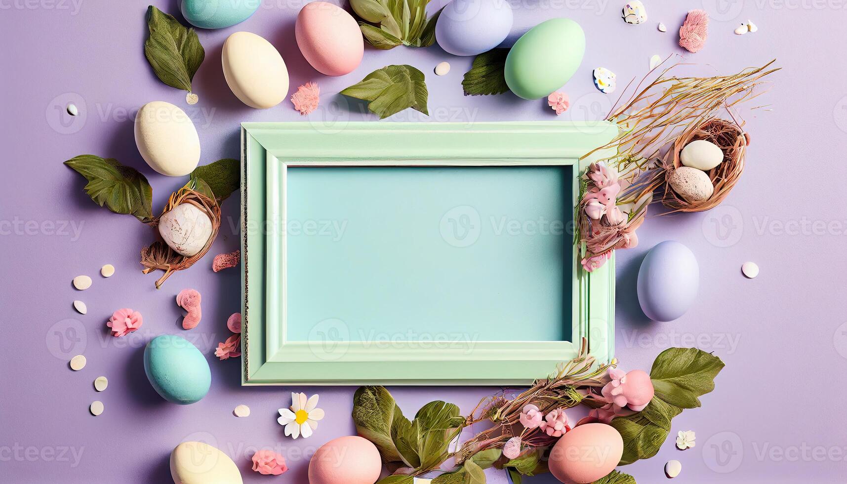 illustration of easter eggs frame on pastel background copy space flat lay mock up photo