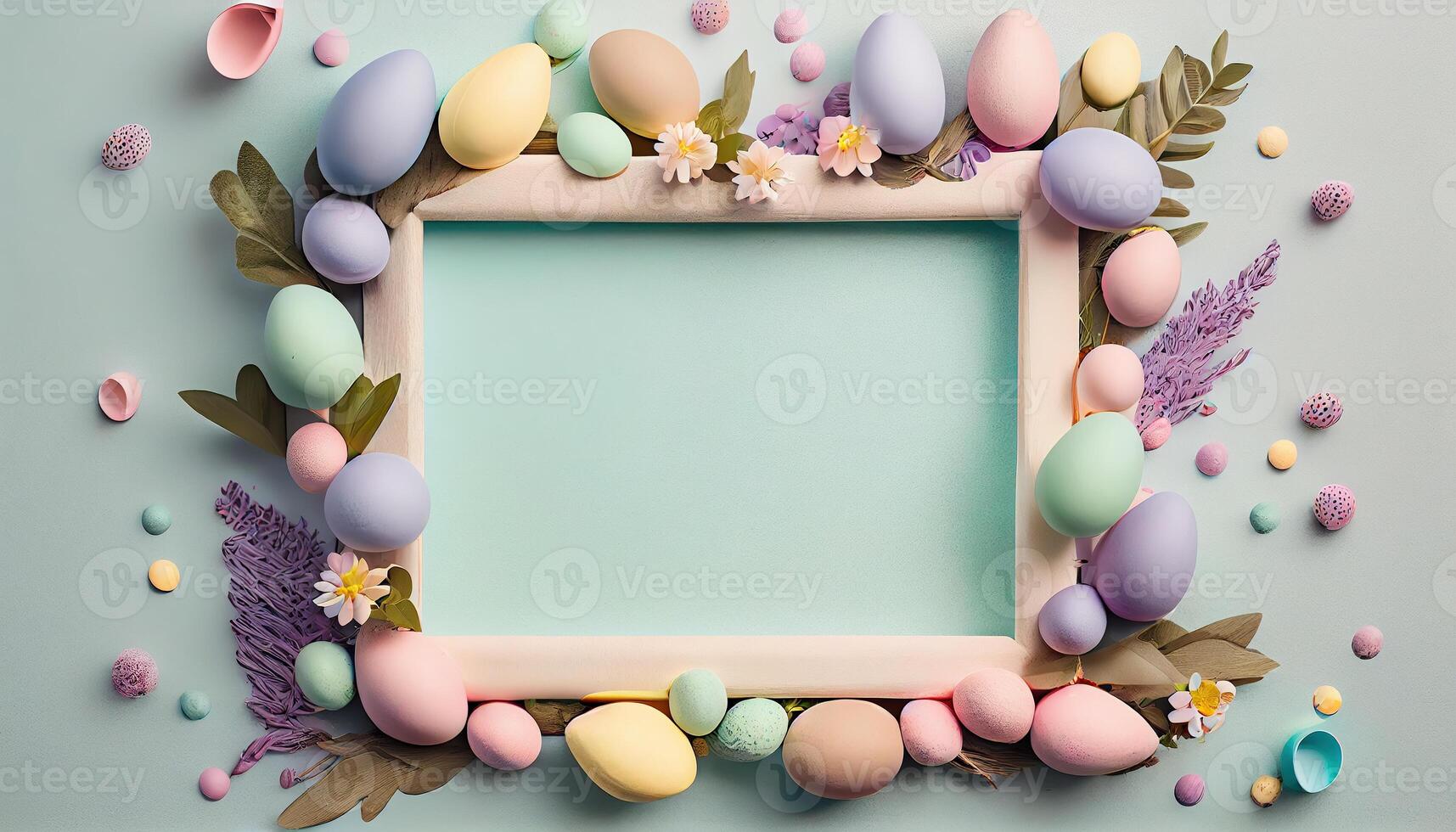 illustration of easter eggs frame on pastel background copy space flat lay mock up photo