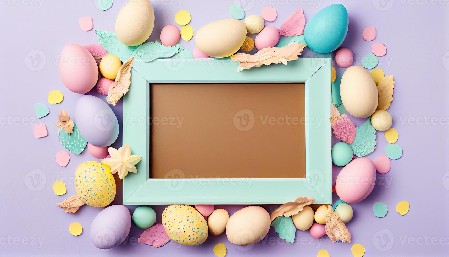 illustration of easter eggs frame on pastel background copy space flat lay mock up photo