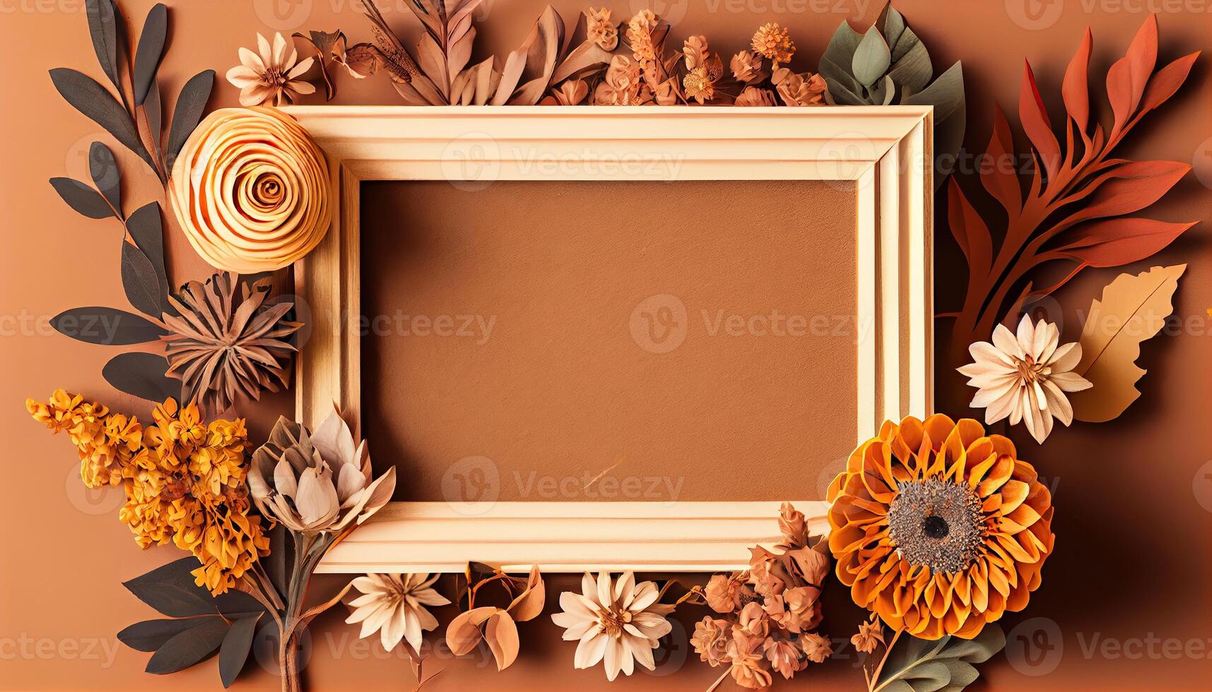 illustration of fall flower frame on pastel brown background copy space flat lay mock up photo