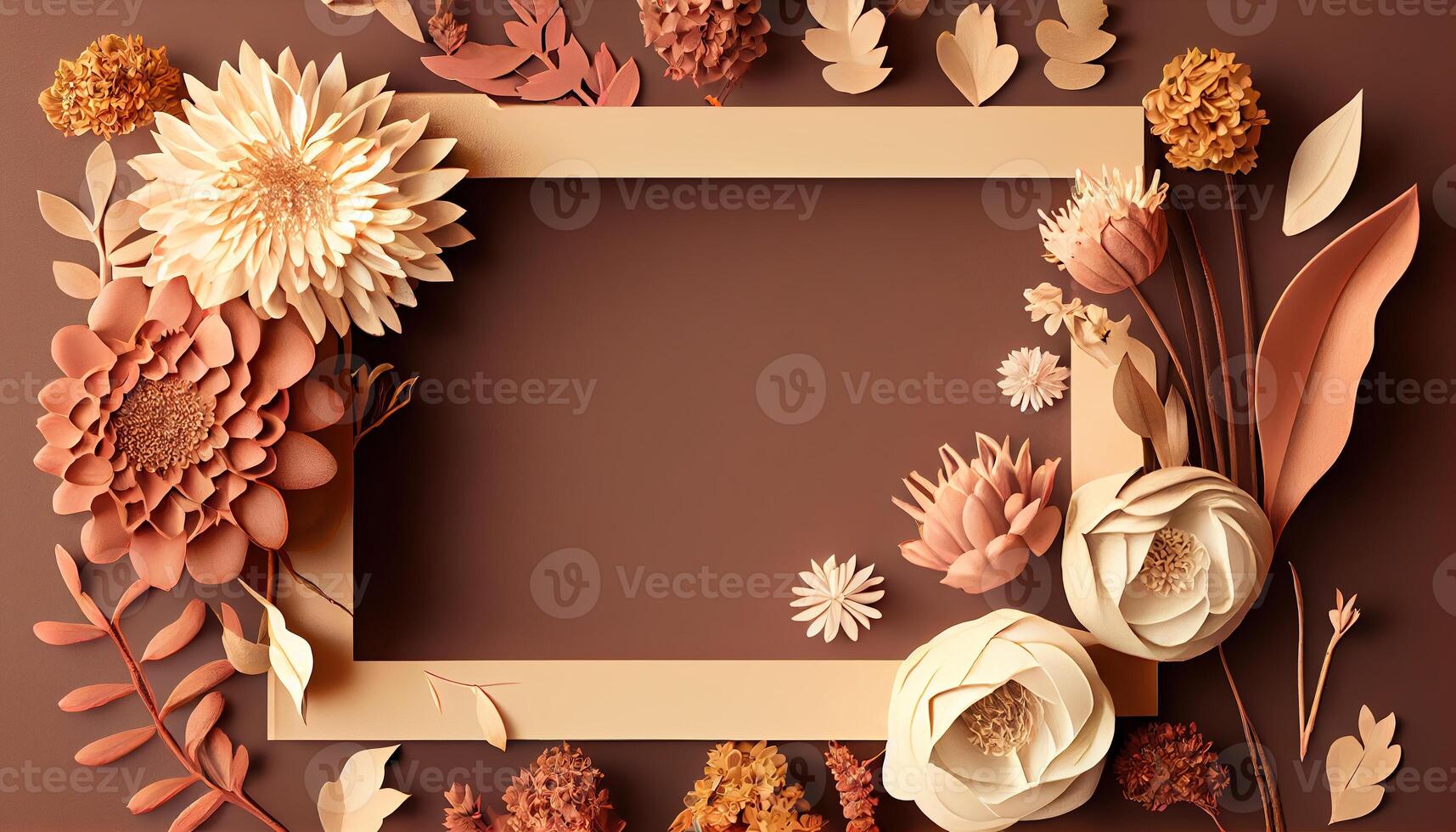 illustration of fall flower frame on pastel brown background copy space flat lay mock up photo