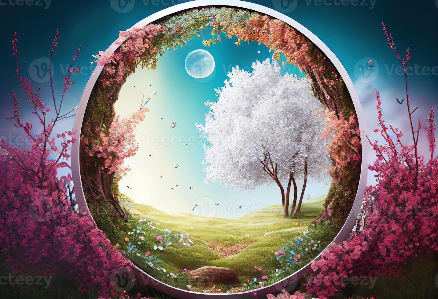 illustration of beautiful enchanted landscape. Magic meadow with spring blooming trees. Round frame with copy space in the middle . Fantasy garden background photo