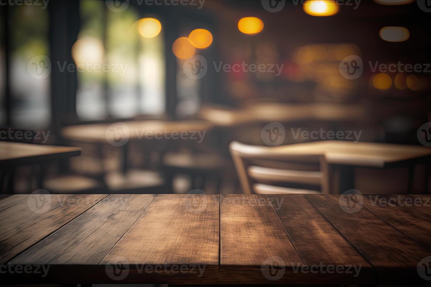 illustration of blurred background of a cafe or restaurant features an empty wooden table photo