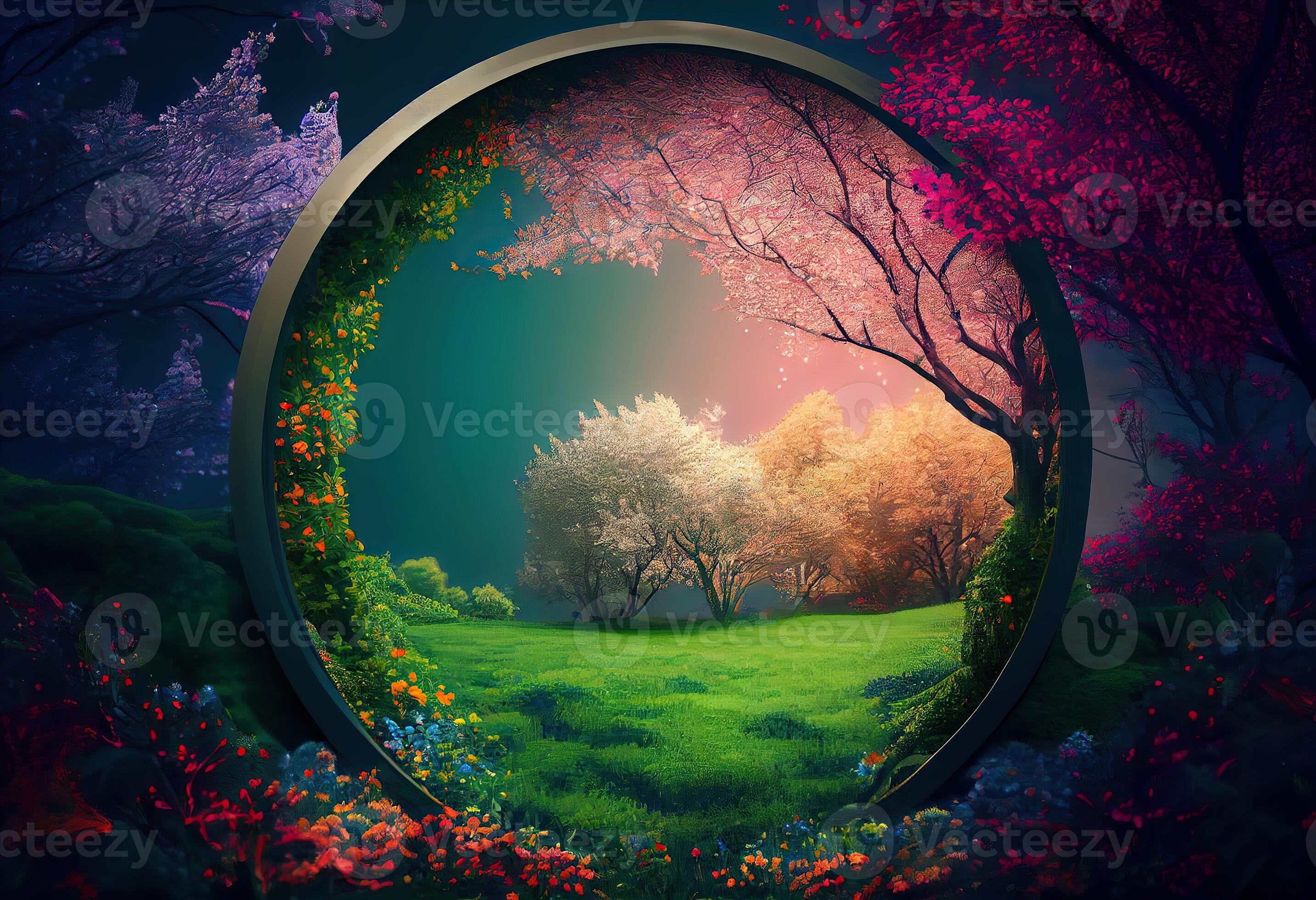 illustration of beautiful enchanted landscape. Magic meadow with spring