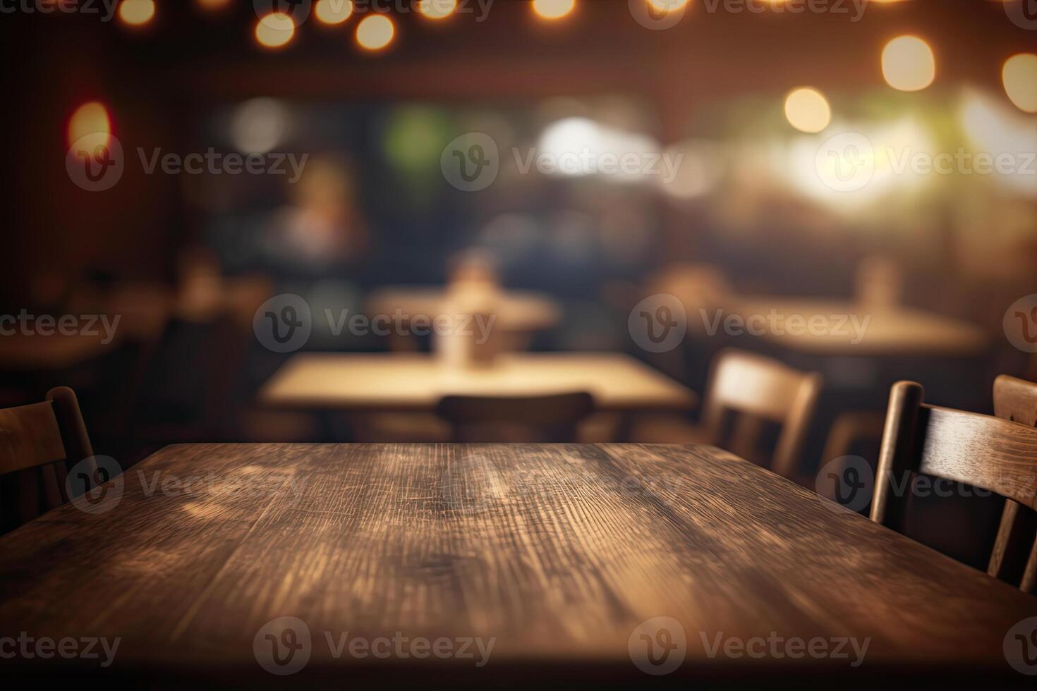 illustration of blurred background of a cafe or restaurant features an empty wooden table photo