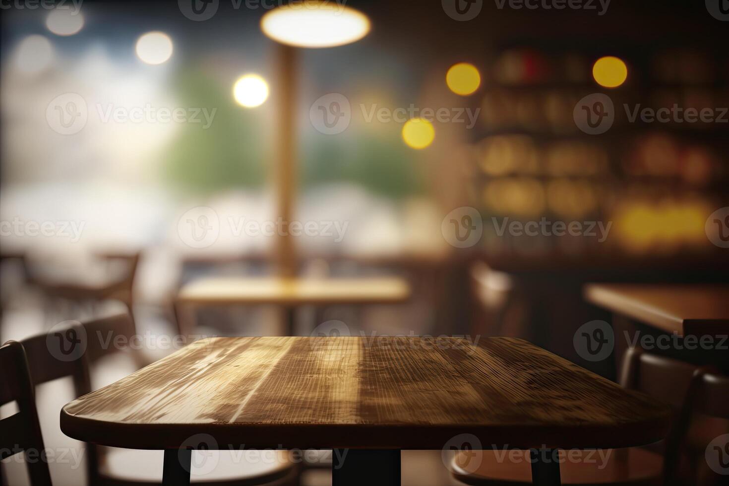 illustration of blurred background of a cafe or restaurant features an empty wooden table photo