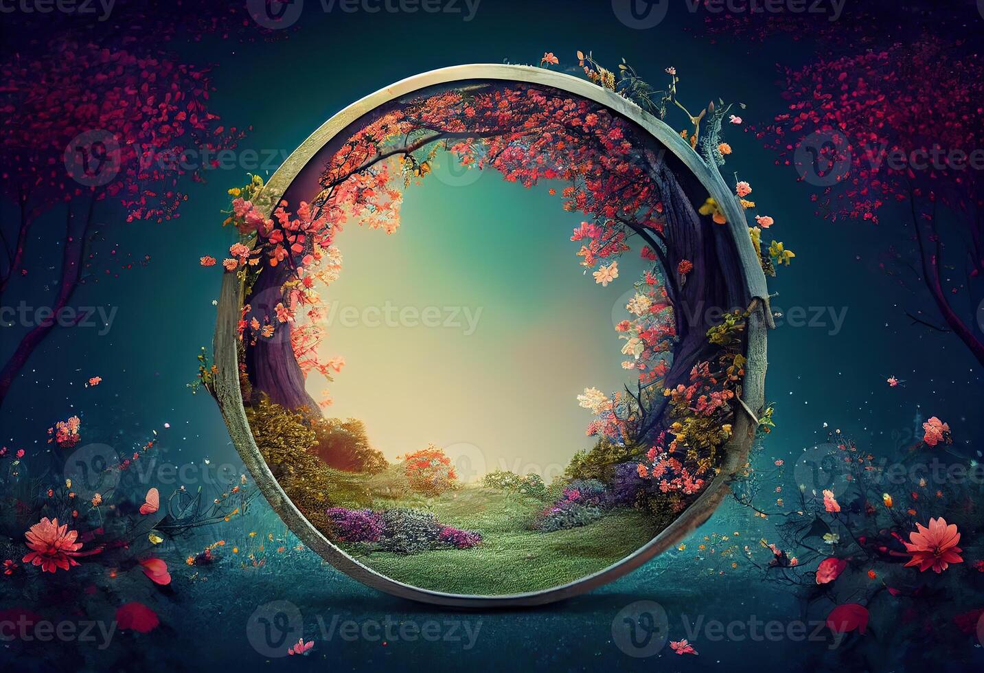 illustration of beautiful enchanted landscape. Magic meadow with spring blooming trees. Round frame with copy space in the middle . Fantasy garden background photo