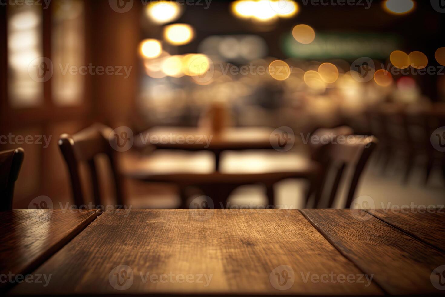 illustration of blurred background of a cafe or restaurant features an empty wooden table photo