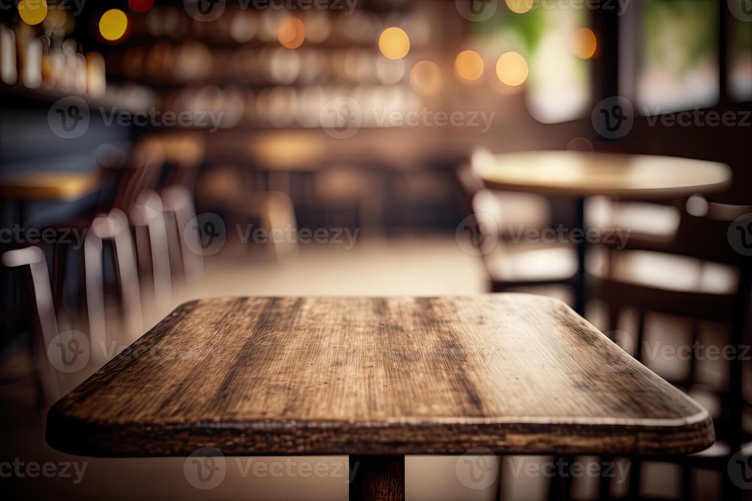 illustration of blurred background of a cafe or restaurant features an empty wooden table photo
