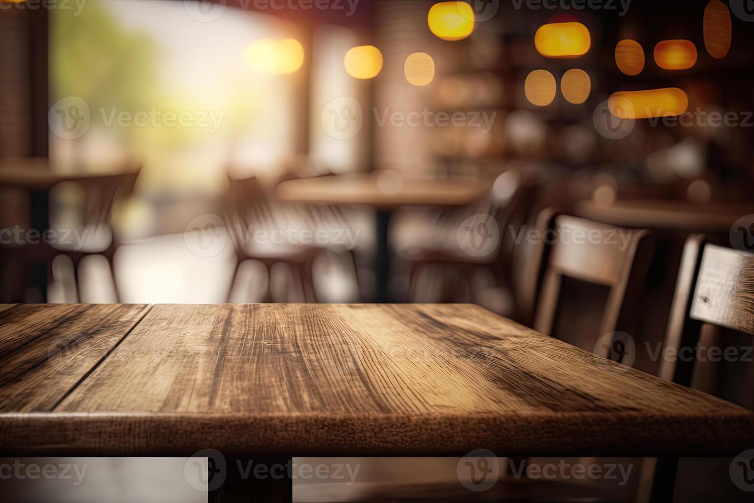 illustration of blurred background of a cafe or restaurant features an empty wooden table photo