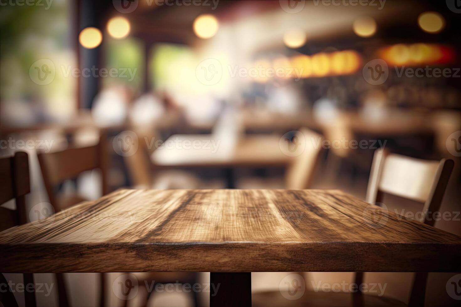 illustration of blurred background of a cafe or restaurant features an empty wooden table photo