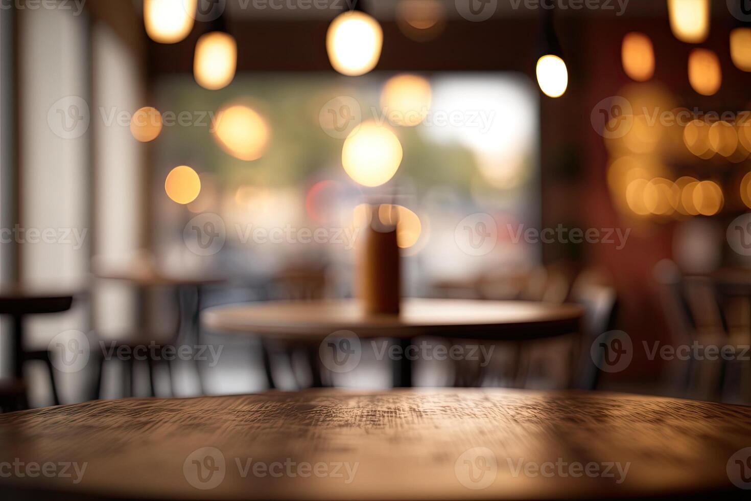 illustration of blurred background of a cafe or restaurant features an empty wooden table photo