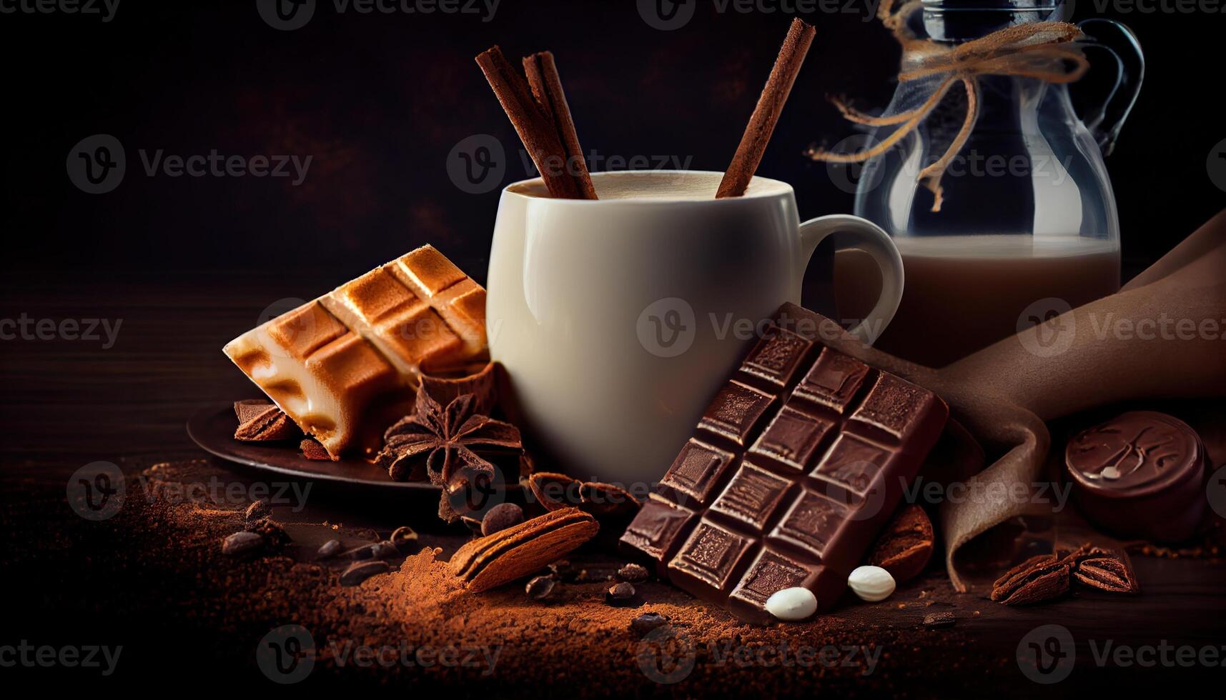 illustration of Cinnamon, Dark chocolate with milk and candy sweet, copy space, selective focus photo