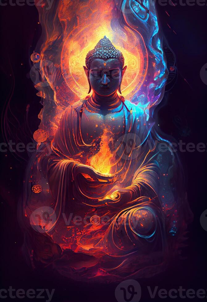 illustration of buddha, aura of energy, surreal fantasy, light flashing, beautiful light spectrum, bright white lotus flower, burning cloud-like petals, seawater. photo