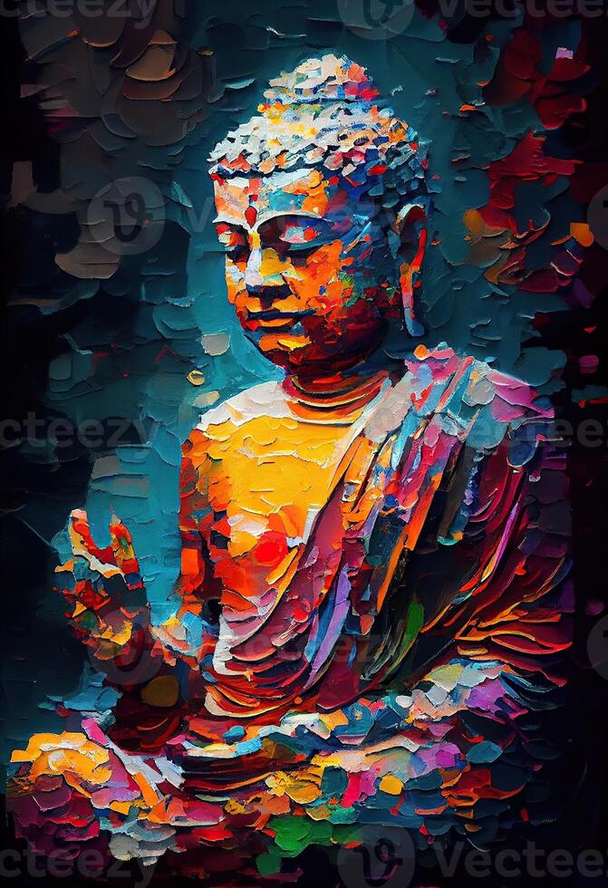 illustration of buddha, aura of energy, surreal fantasy, light flashing, beautiful light spectrum, bright white lotus flower, burning cloud-like petals, seawater. photo