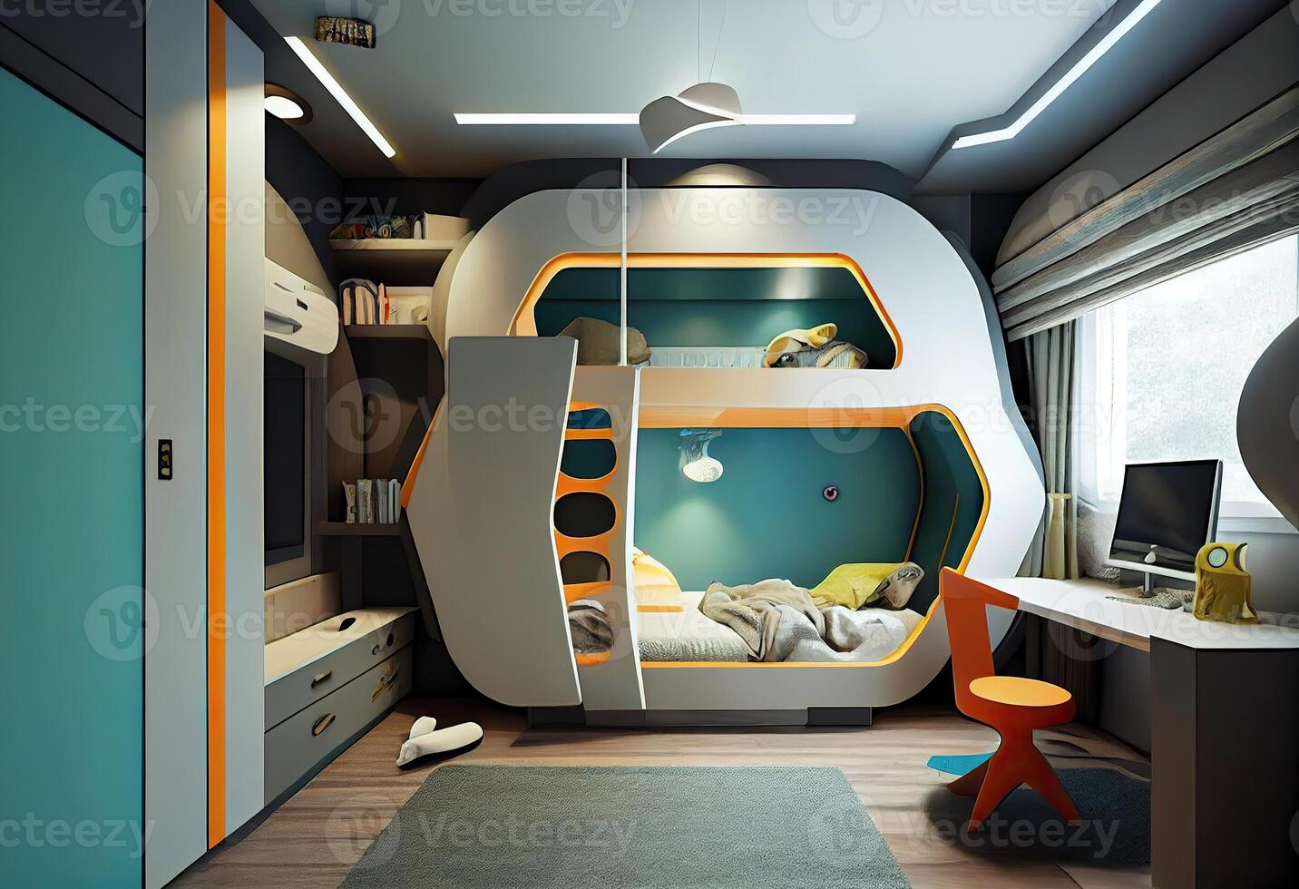 illustration of futuristic interior design, design a bedroom for two children, with a bunk bed. photo