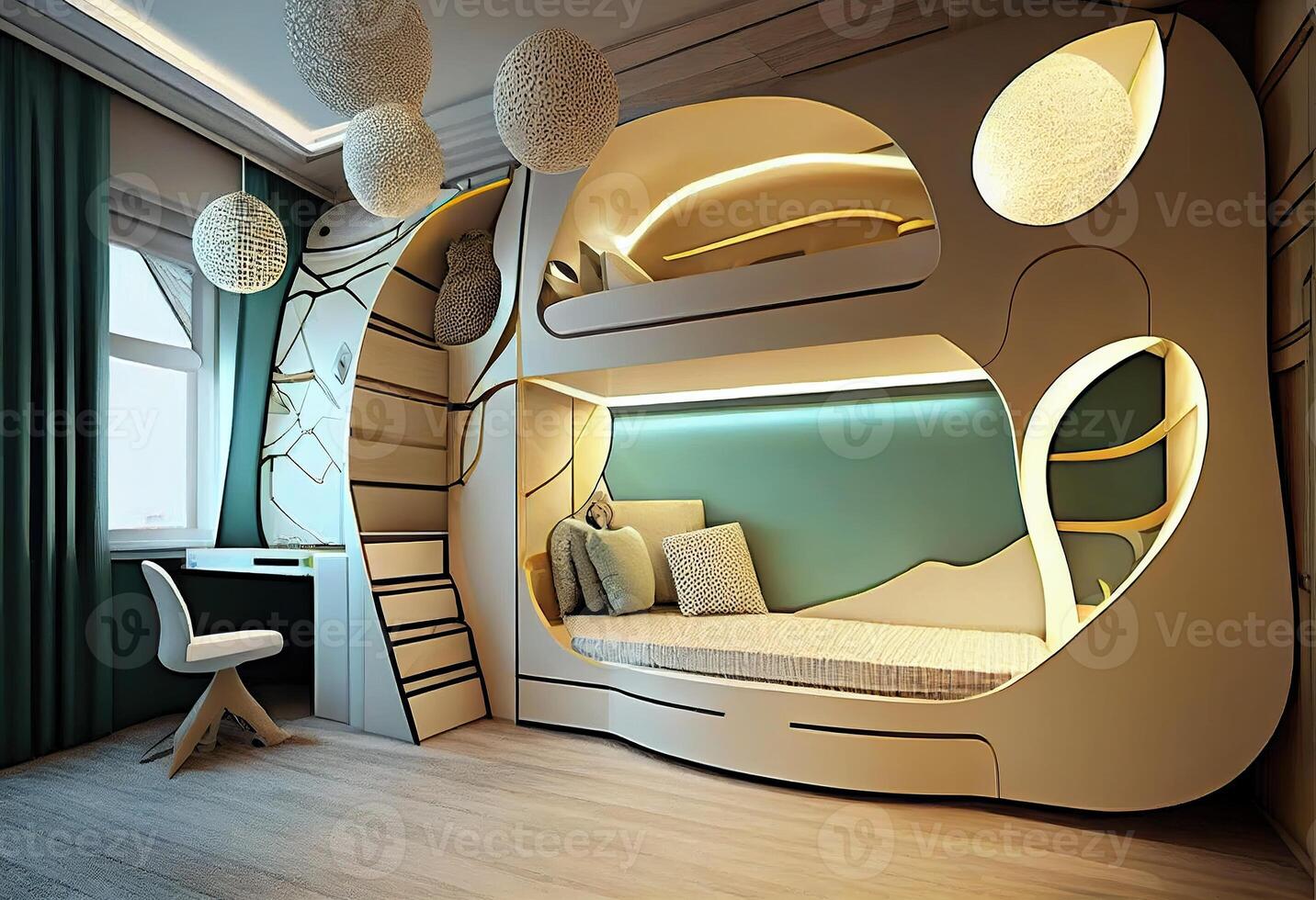 illustration of futuristic interior design, design a bedroom for two children, with a bunk bed. photo