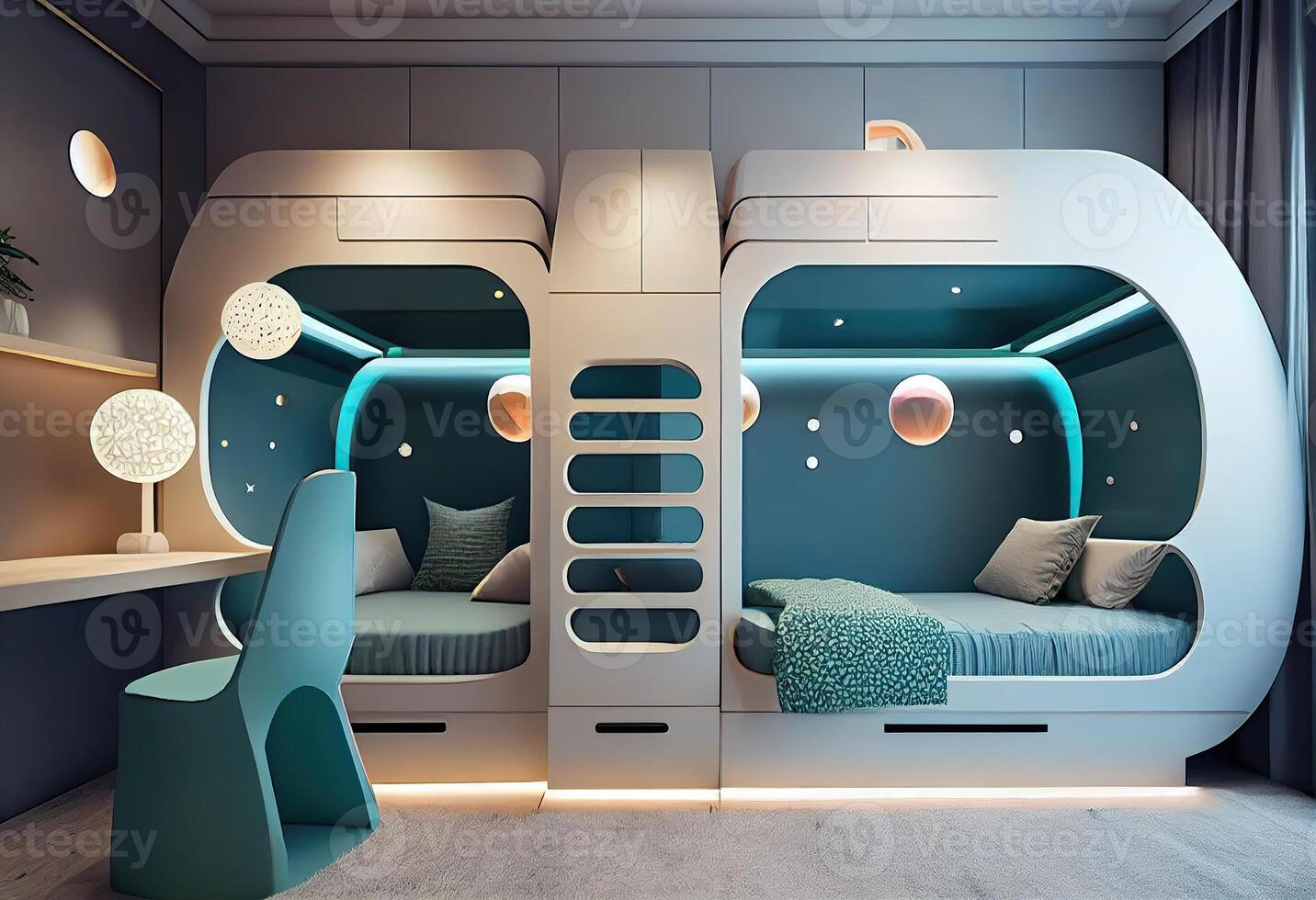 illustration of futuristic interior design, design a bedroom for two children, with a bunk bed. photo