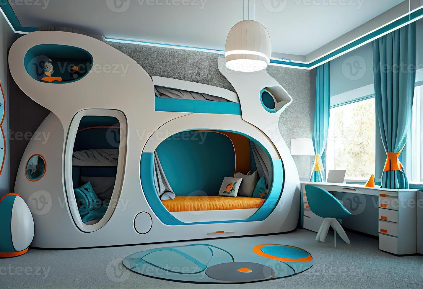 illustration of futuristic interior design, design a bedroom for two children, with a bunk bed. photo