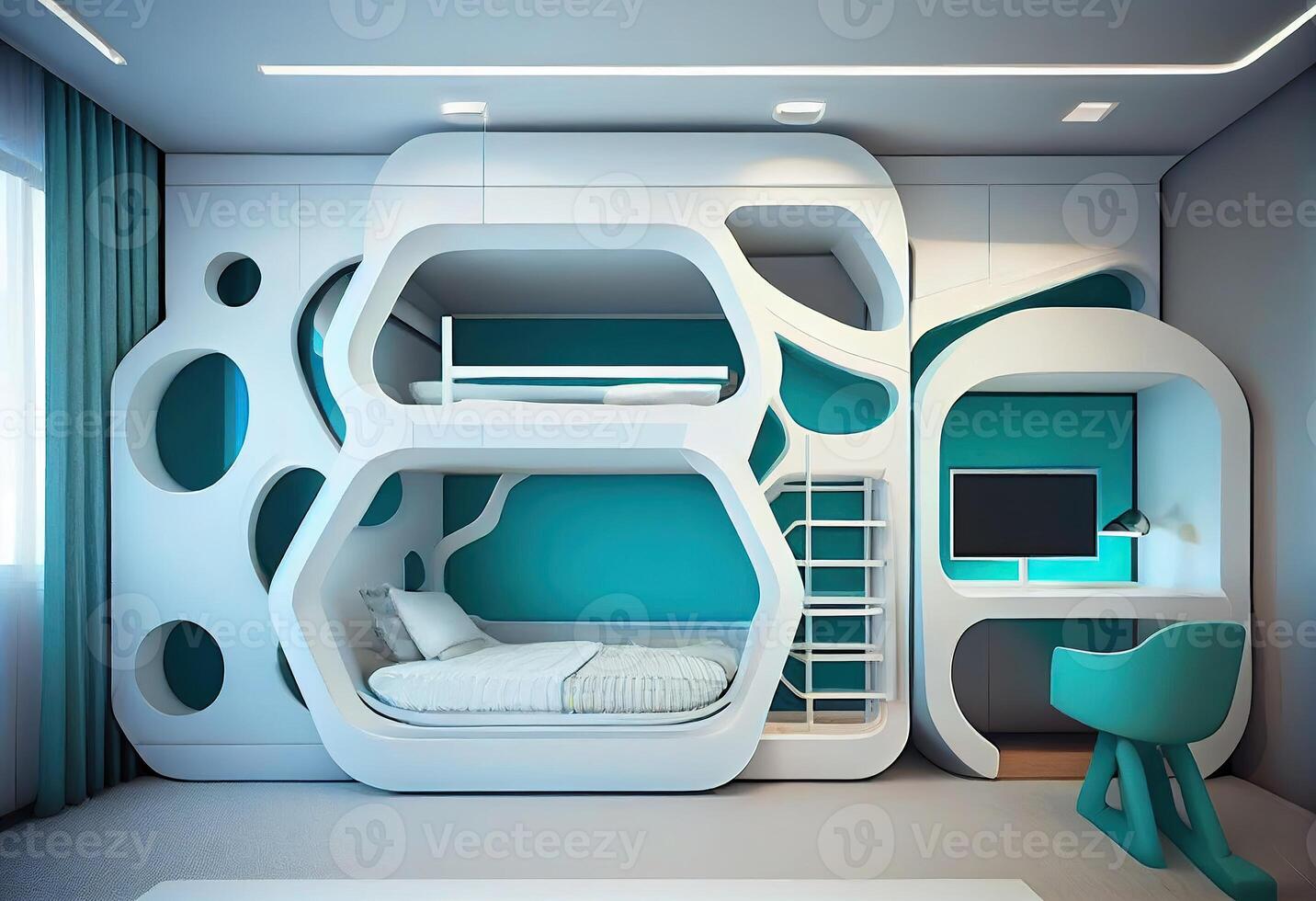 illustration of futuristic interior design, design a bedroom for two children, with a bunk bed. photo