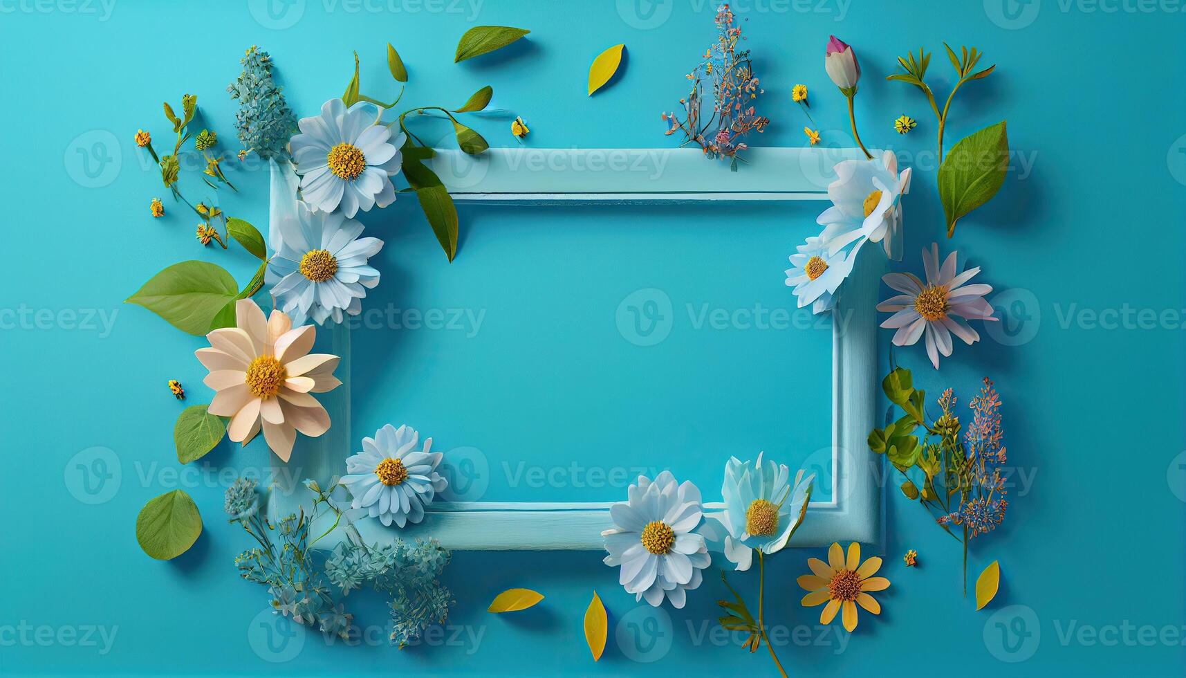 illustration of spring flower frame on blue and cyan background copy space flat lay mock up photo