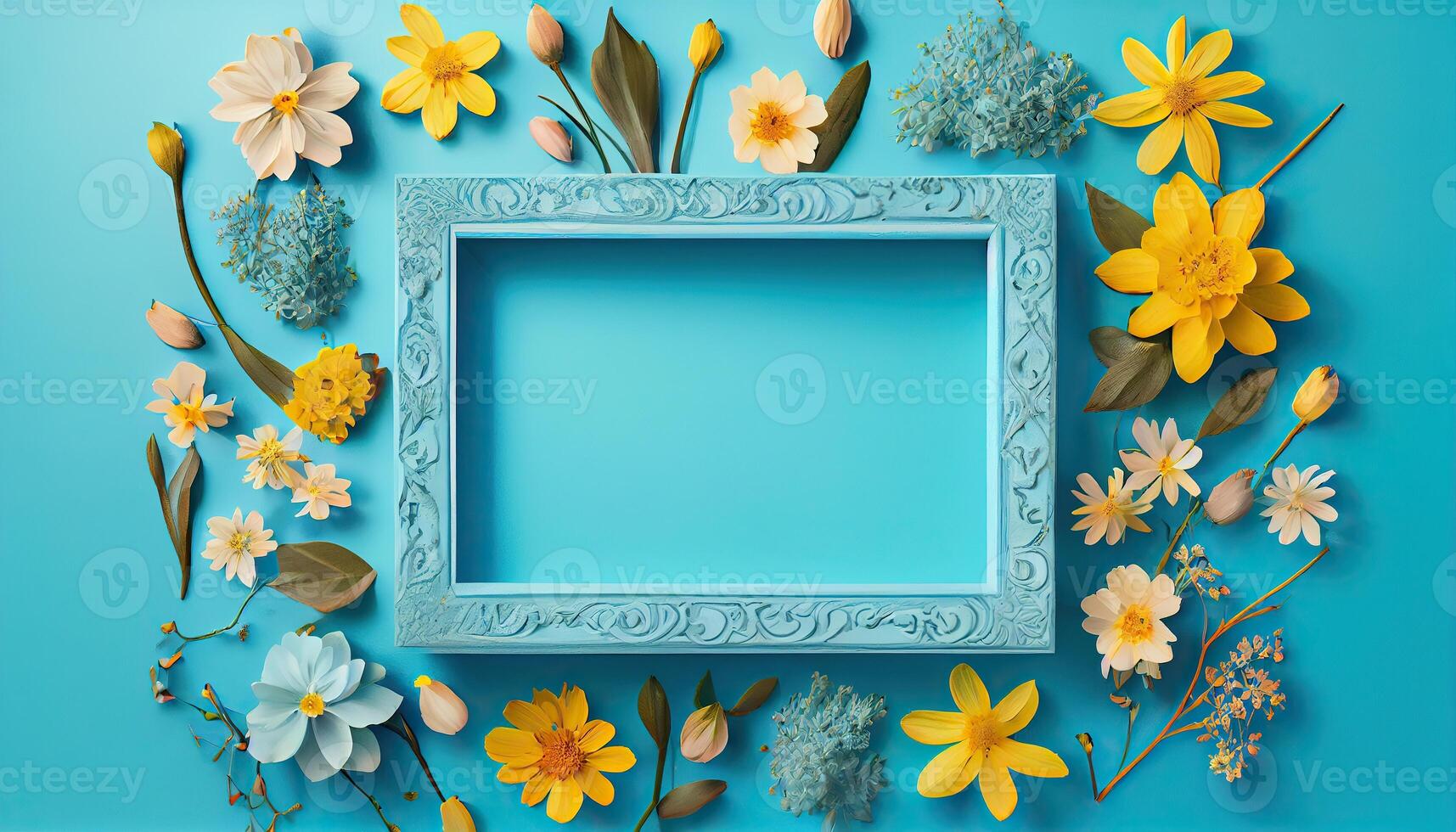 illustration of spring flower frame on blue and cyan background copy space flat lay mock up photo