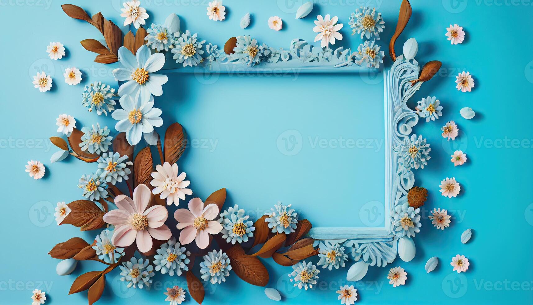 illustration of spring flower frame on blue and cyan background copy space flat lay mock up photo