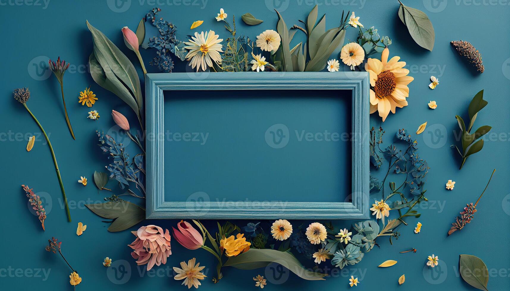 illustration of spring flower frame on blue and cyan background copy space flat lay mock up photo