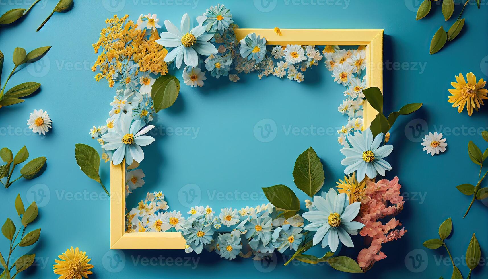 illustration of spring flower frame on blue and cyan background copy space flat lay mock up photo