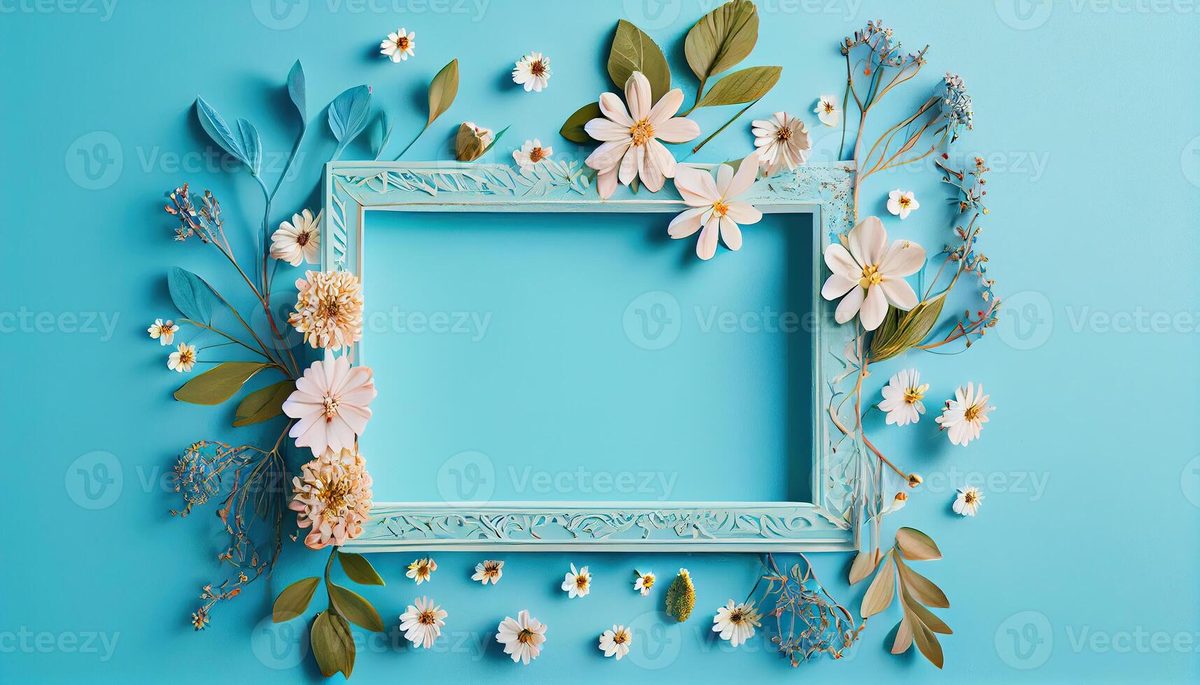 illustration of spring flower frame on blue and cyan background copy space flat lay mock up photo