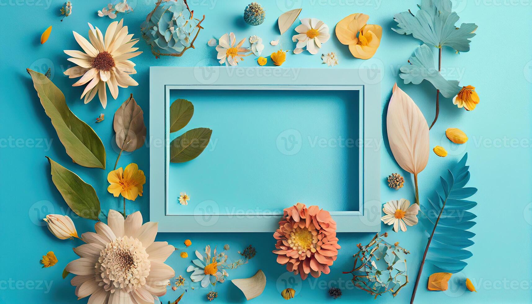 illustration of spring flower frame on blue and cyan background copy space flat lay mock up photo