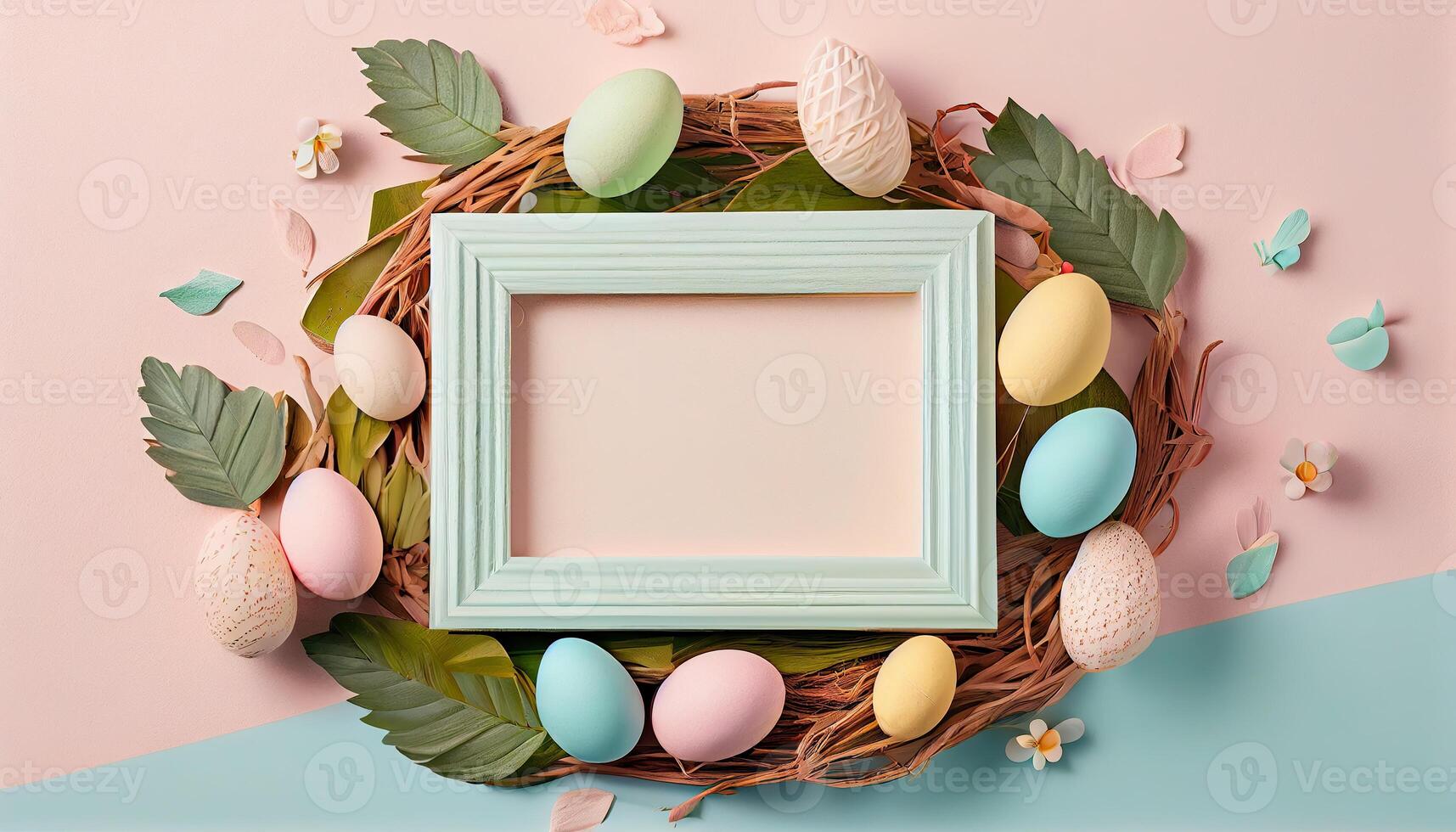 illustration of easter eggs frame on pastel background copy space flat lay mock up photo