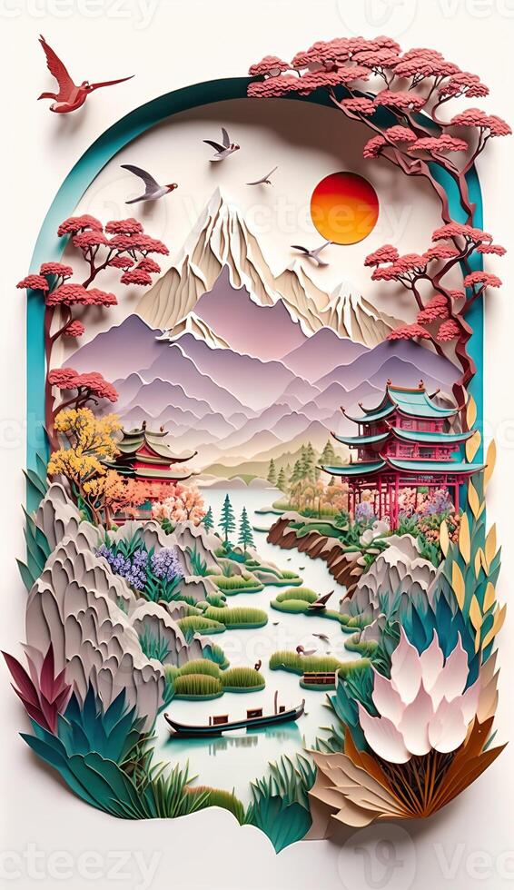 illustration of Chinese nature and landscape on solid background, auspicious clouds, ravine stream, mountain range, many houses and ancient buildings, multi dimensional paper quilling photo