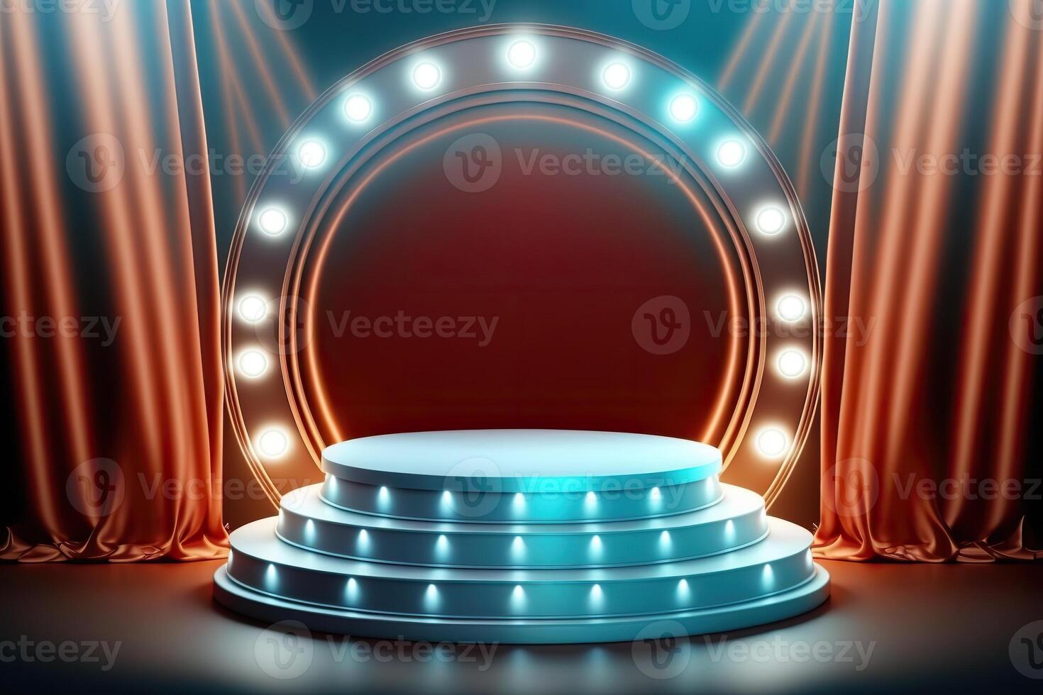 illustration of 3d blue background, round podium stage in spotlights rays photo