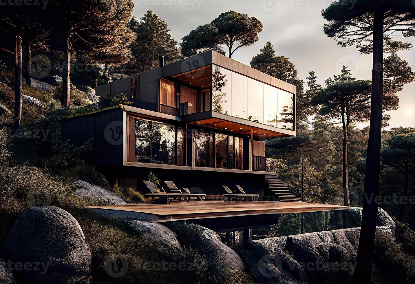 illustration of a captivating, an extraordinary house in a hill one side-oriented cabin, placing the modules between the trees ecological, exterior wood deck with infinity pool photo