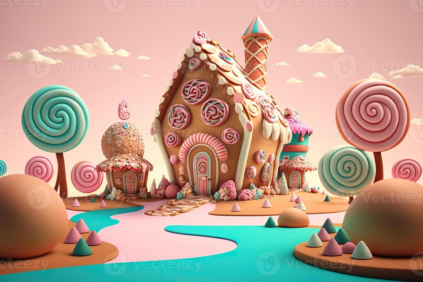 illustration of a sweet and magical world with candy land landscape and gingerbread fantasy house photo