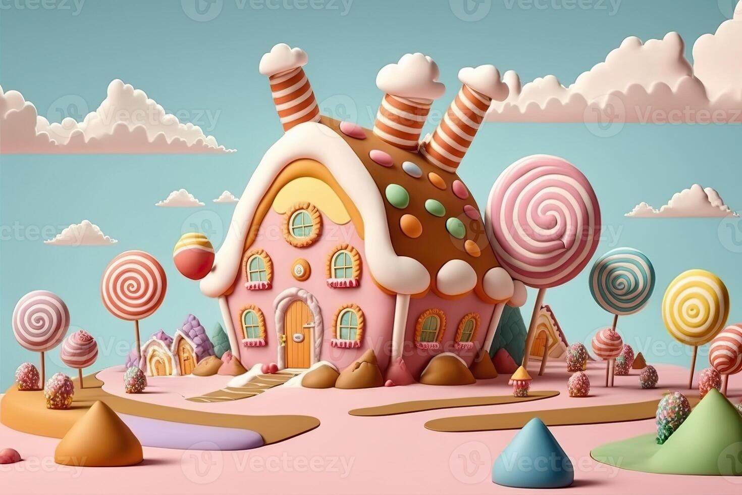 illustration of a sweet and magical world with candy land landscape and gingerbread fantasy house photo