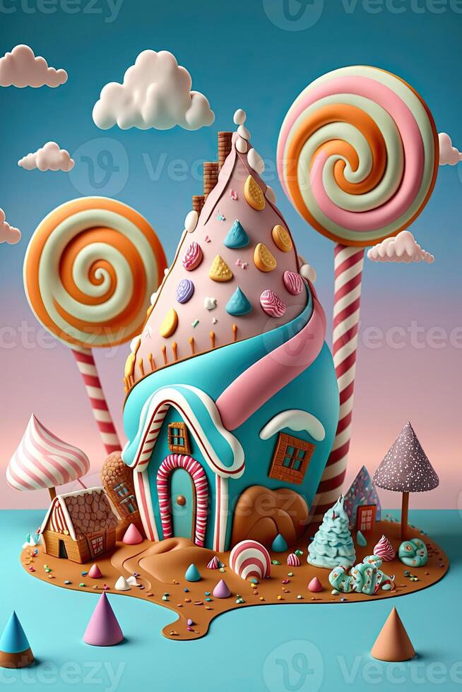 illustration of a sweet and magical world with candy land landscape and gingerbread fantasy house photo