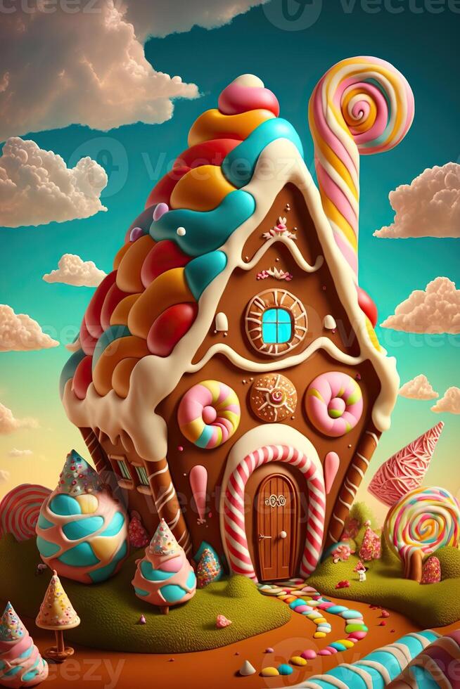 illustration of a sweet and magical world with candy land landscape and gingerbread fantasy house photo