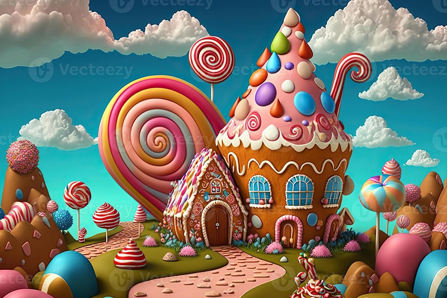 illustration of a sweet and magical world with candy land landscape and gingerbread fantasy house photo