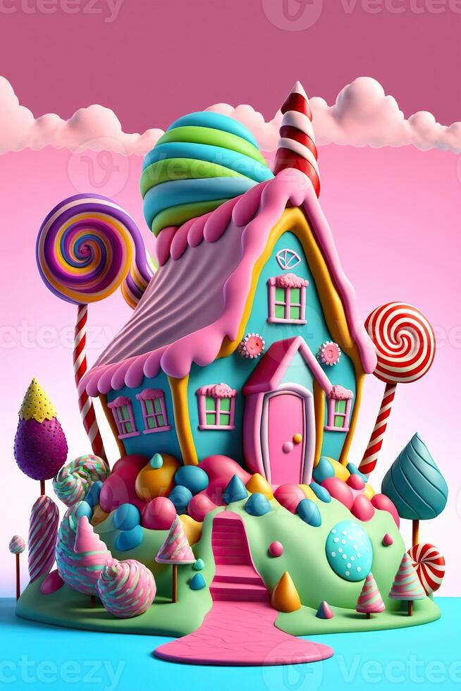 illustration of a sweet and magical world with candy land landscape and gingerbread fantasy house photo