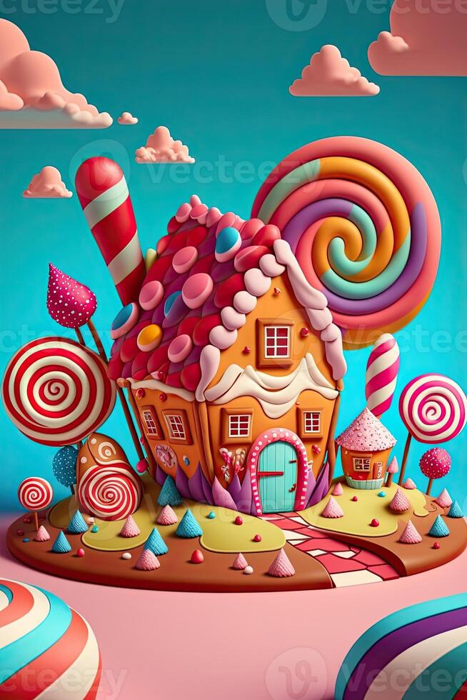 illustration of a sweet and magical world with candy land landscape and gingerbread fantasy house photo