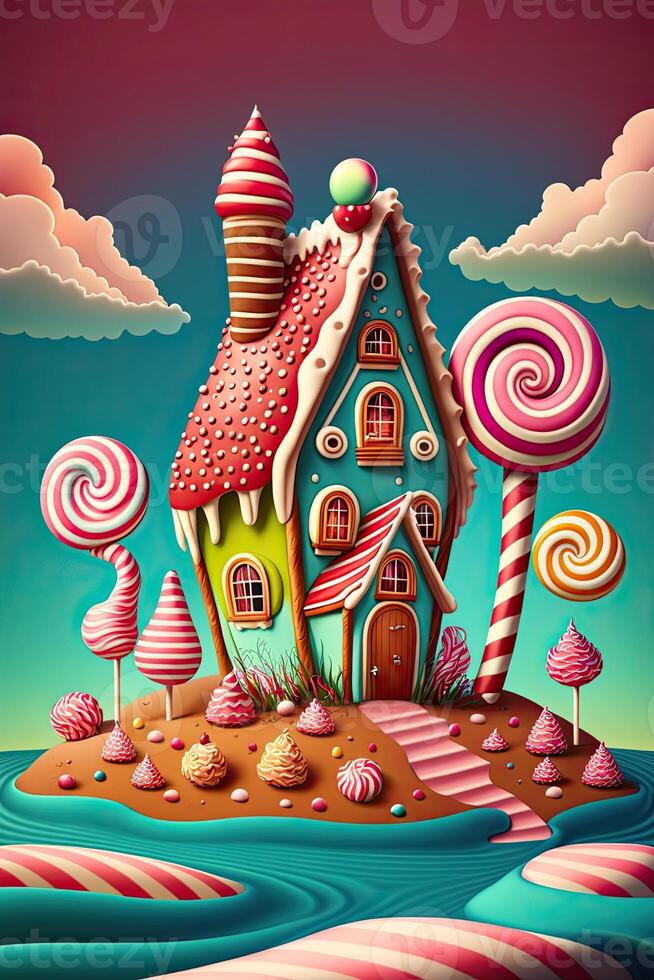 generativo ai ilustración de un dulce y mágico mundo con caramelo tierra paisaje y pan de jengibre fantasía casa foto